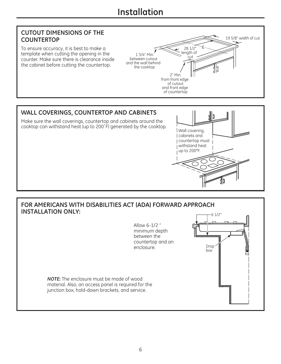 Installation, Cutout dimensions of the countertop, Wall coverings, countertop and cabinets | GE ZEU30RSFSS User Manual | Page 6 / 24