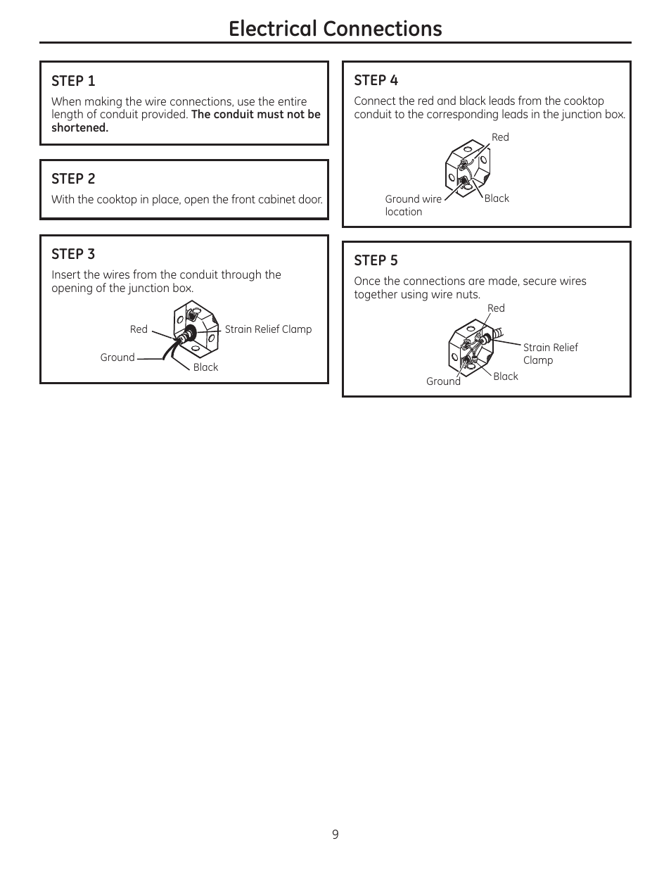 Electrical connections, Step 1, Step 2 | Step 3, Step 4, Step 5 | GE ZEU30RSFSS User Manual | Page 9 / 24