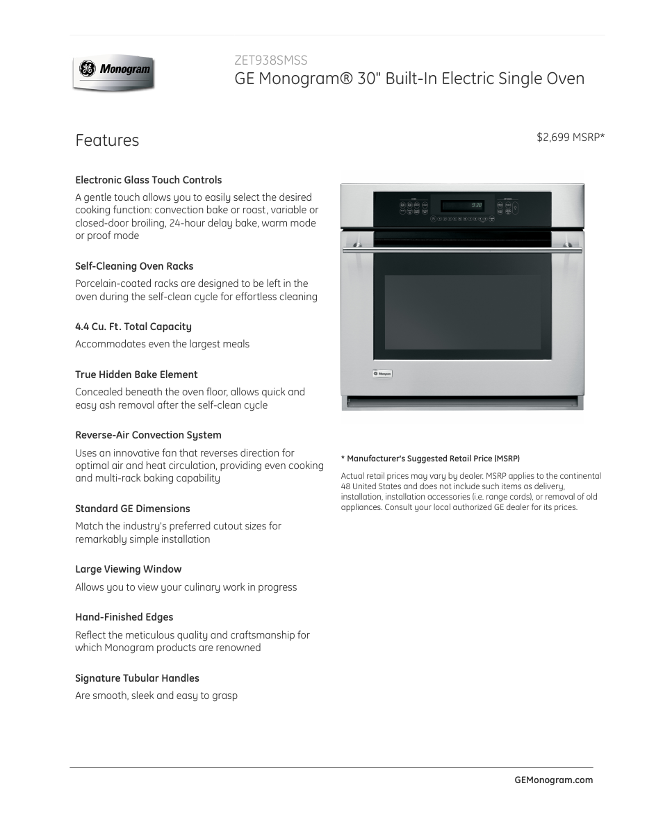 GE ZET938SMSS User Manual | 4 pages