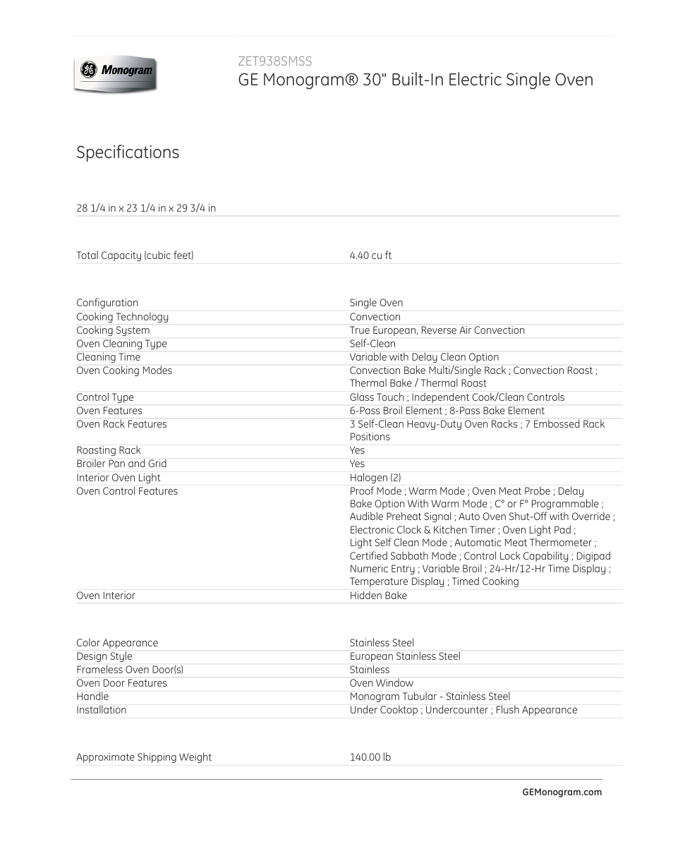 Ge monogram® 30" built-in electric single oven, Specifications, Zet938smss | GE ZET938SMSS User Manual | Page 3 / 4