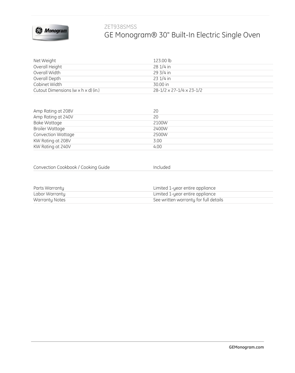 Ge monogram® 30" built-in electric single oven, Zet938smss | GE ZET938SMSS User Manual | Page 4 / 4