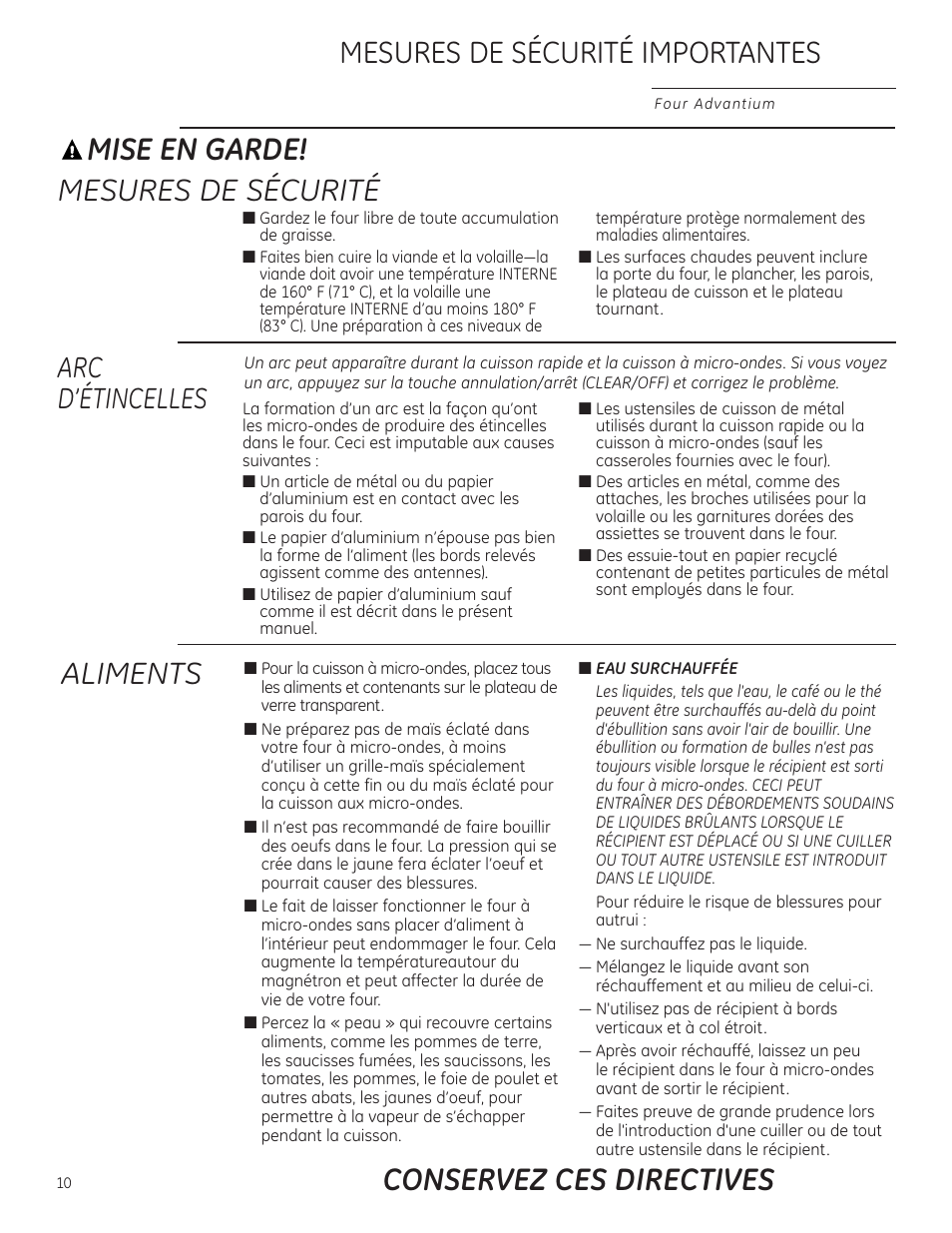 Mise en garde! mesures de sécurité, Mesures de sécurité importantes, Aliments | Conservez ces directives, Arc d’étincelles | GE ZSC1201NSS User Manual | Page 10 / 44