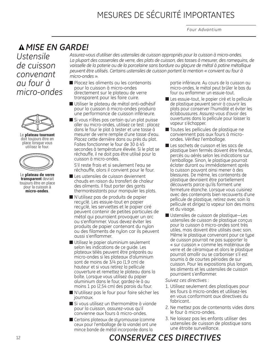 Mesures de sécurité importantes, Conservez ces directives mise en garde | GE ZSC1201NSS User Manual | Page 12 / 44