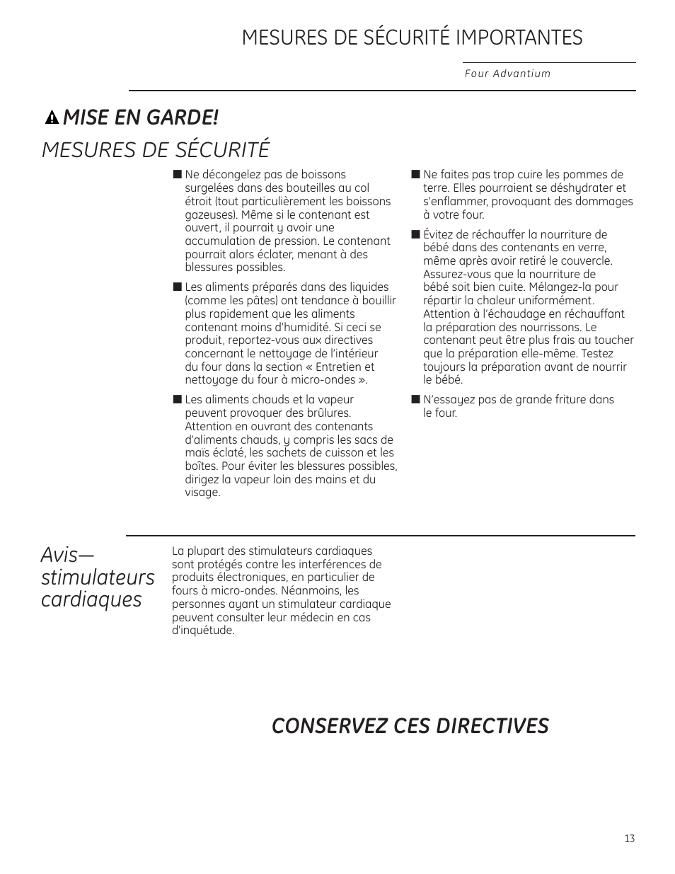 Mise en garde, Mesures de sécurité conservez ces directives, Mesures de sécurité importantes | Avis— stimulateurs cardiaques | GE ZSC1201NSS User Manual | Page 13 / 44