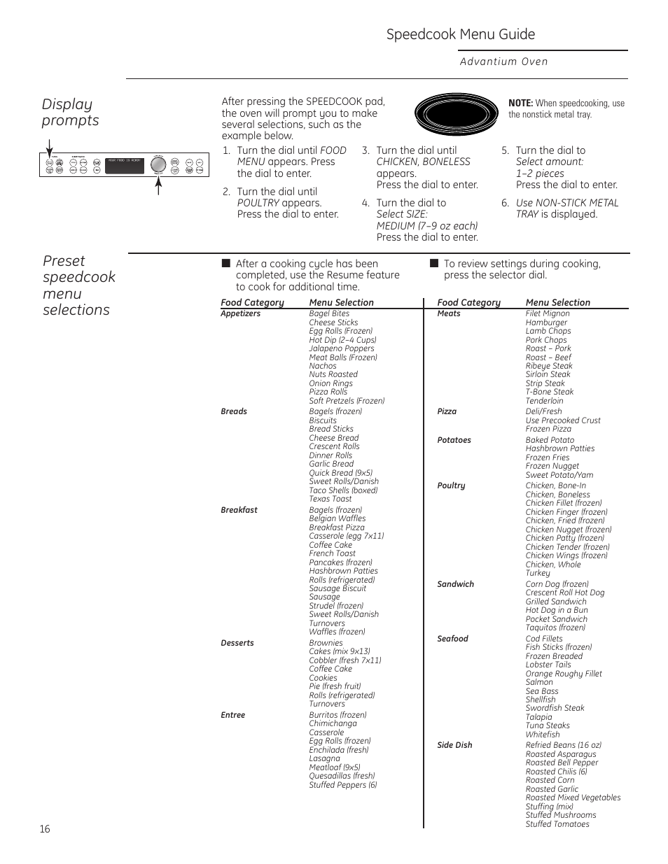 Speedcook menu guide, Display prompts, Preset speedcook menu selections | GE ZSC1201NSS User Manual | Page 16 / 44