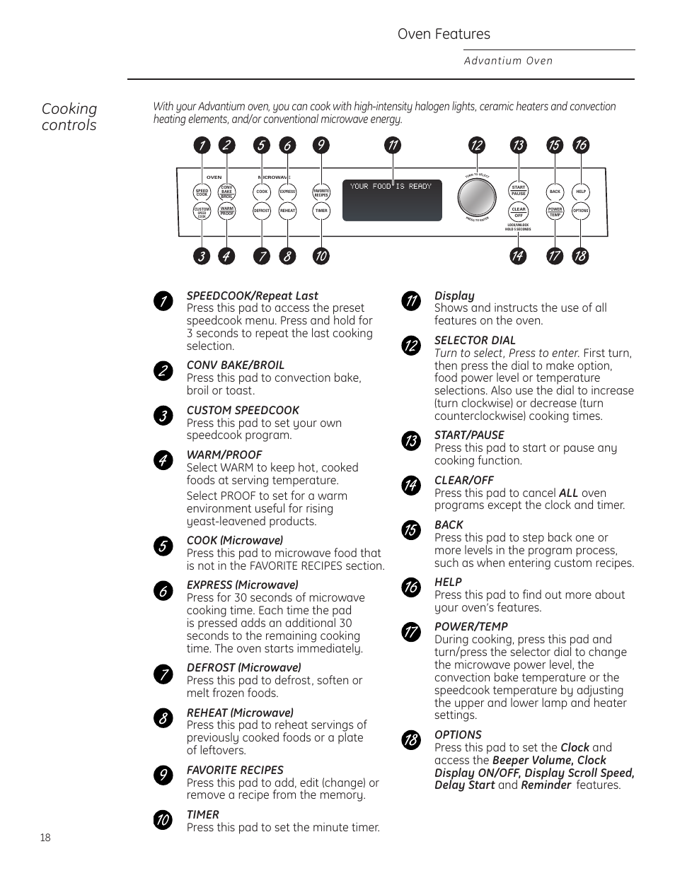 Cooking controls, Cooking controls oven features, Advantium oven | GE ZSC1201NSS User Manual | Page 18 / 44