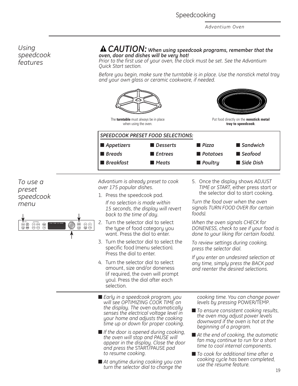 Using a preset speedcook menu, Caution, Speedcooking | Using speedcook features | GE ZSC1201NSS User Manual | Page 19 / 44