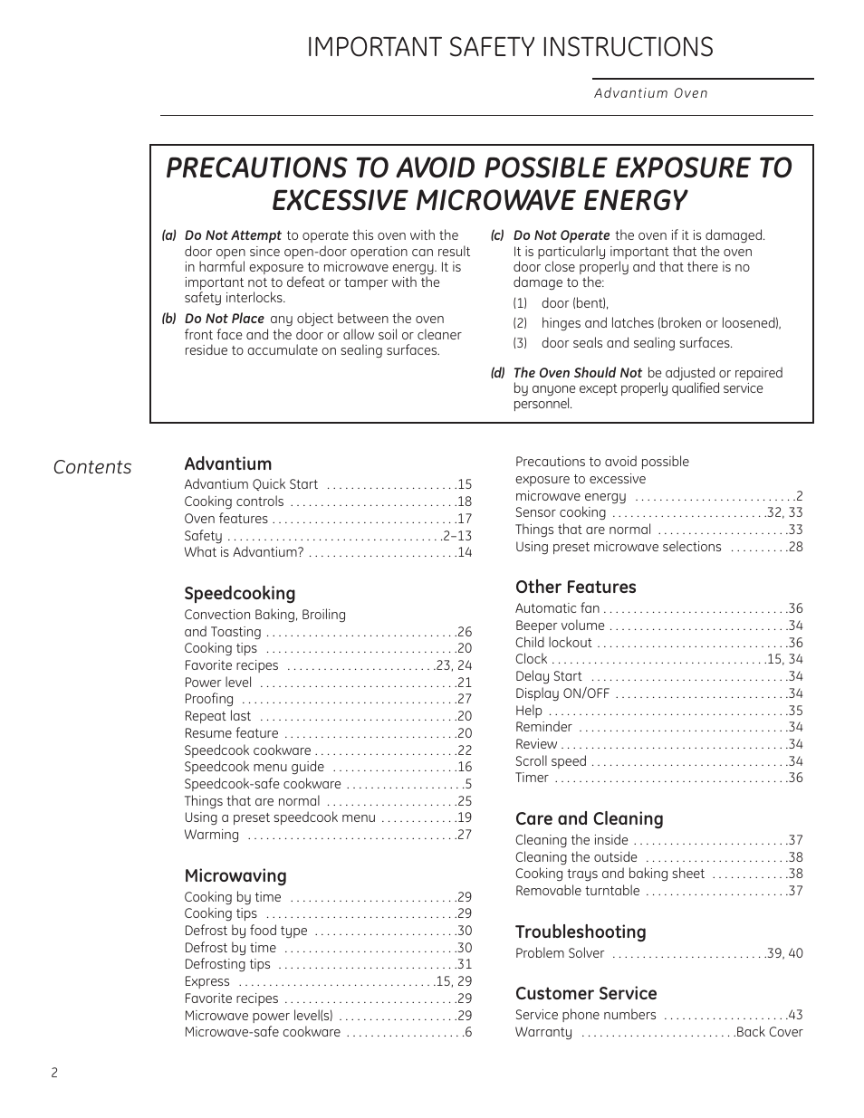 Advantium, Safety, Speedcooking | Microwaving, Other features, Care and cleaning, Troubleshooting, Customer service, Important safety instructions | GE ZSC1201NSS User Manual | Page 2 / 44