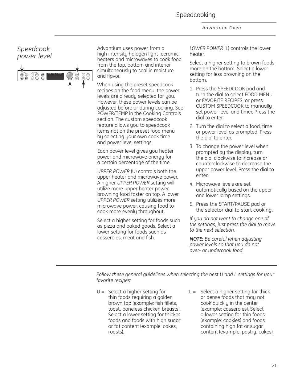 Power level, Speedcooking, Speedcook power level | GE ZSC1201NSS User Manual | Page 21 / 44