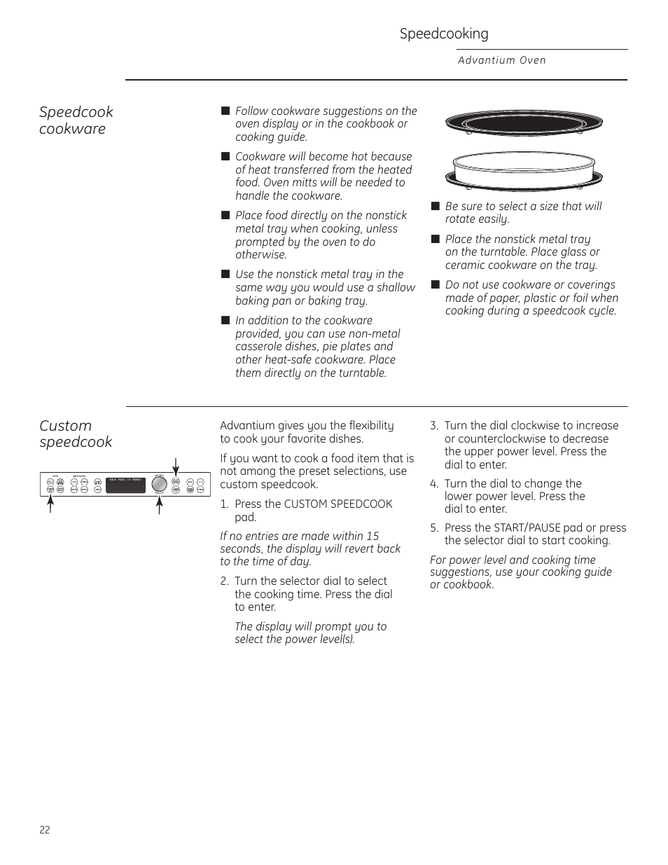 Speedcook cookware, Speedcooking, Custom speedcook | GE ZSC1201NSS User Manual | Page 22 / 44