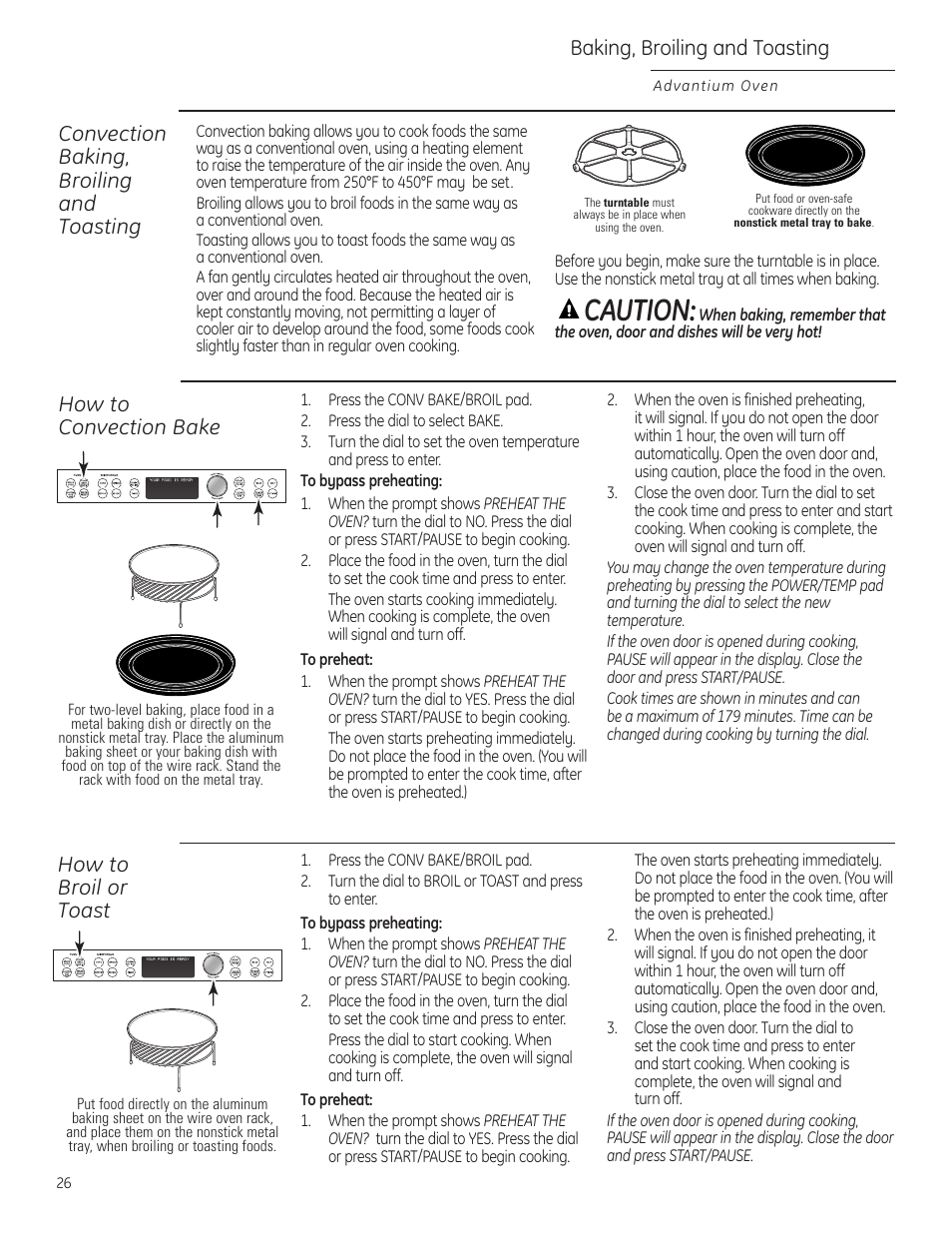 Convection baking, broiling and toasting, Caution, Baking, broiling and toasting | GE ZSC1201NSS User Manual | Page 26 / 44