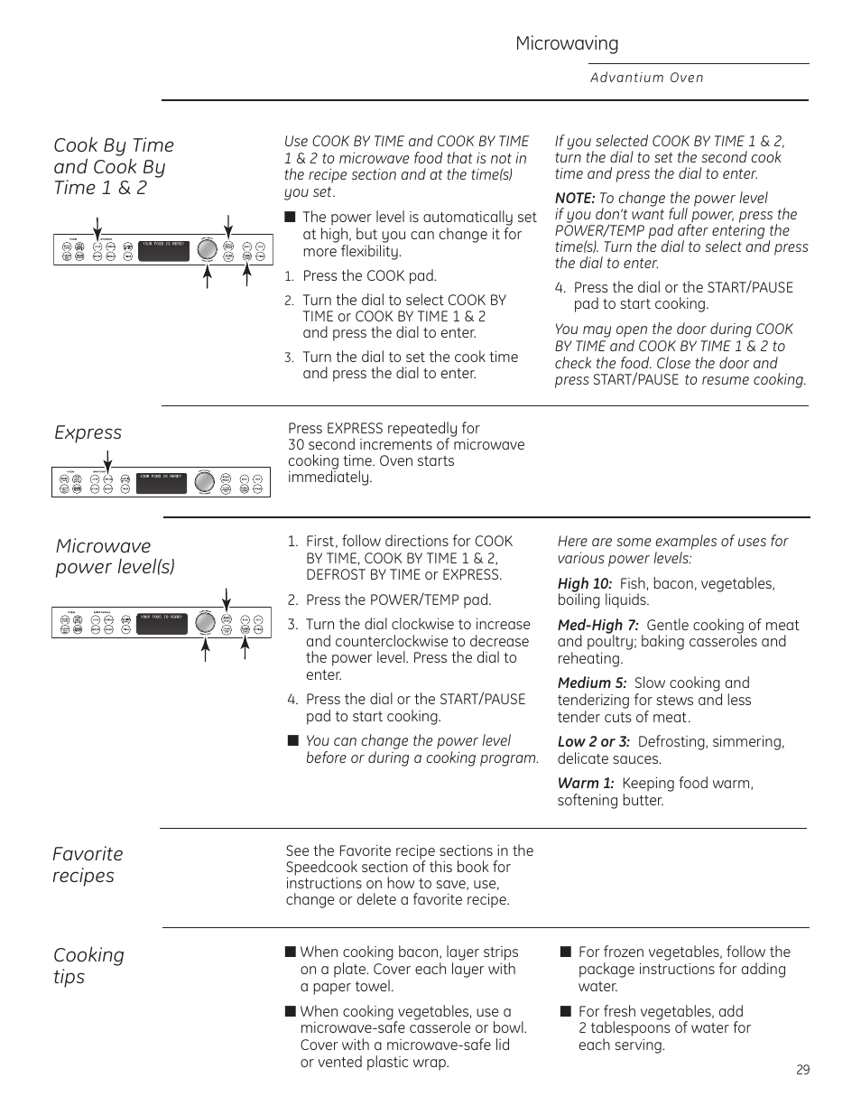 Cooking by time, Cooking tips, Favorite recipes | Microwave power level(s), Cooking by time cooking tips, Favorite recipes microwave power level(s), Microwaving, Cook by time and cook by time 1 & 2, Express microwave power level(s) | GE ZSC1201NSS User Manual | Page 29 / 44