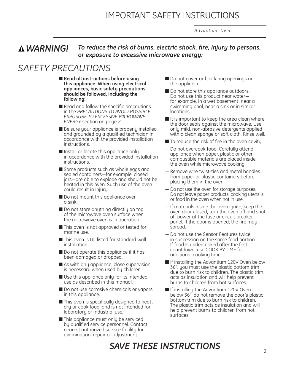 Warning! safety precautions | GE ZSC1201NSS User Manual | Page 3 / 44