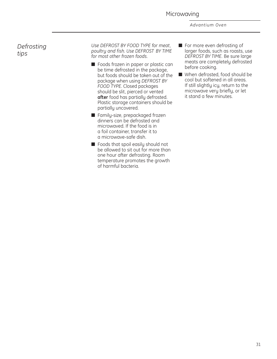 Defrosting tips, Microwaving | GE ZSC1201NSS User Manual | Page 31 / 44