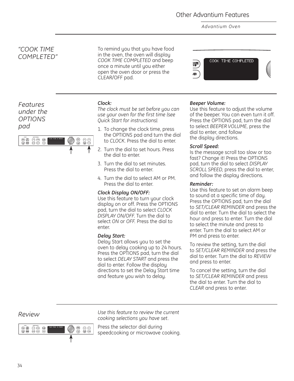 Beeper volume, Delay start, Display on/off | Reminder, Review, Scroll speed, Delay start display on/off, Reminder review scroll speed, Other advantium features, Cook time completed | GE ZSC1201NSS User Manual | Page 34 / 44