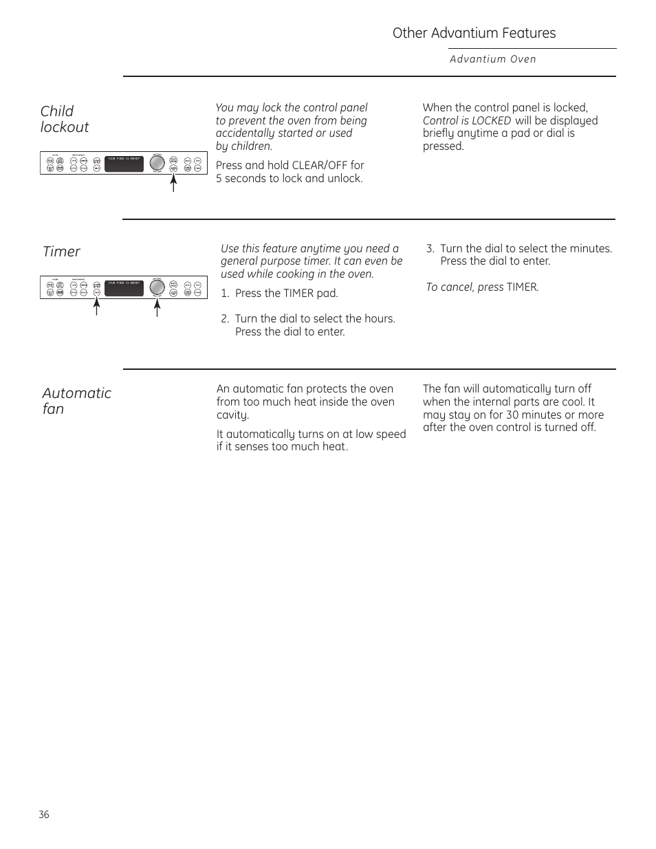 Automatic fan, Child lockout, Timer | GE ZSC1201NSS User Manual | Page 36 / 44