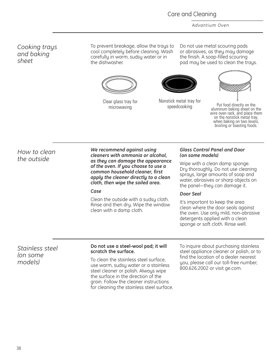 Cleaning the outside, Cooking trays and baking sheet, Care and cleaning | How to clean the outside, Stainless steel (on some models) | GE ZSC1201NSS User Manual | Page 38 / 44