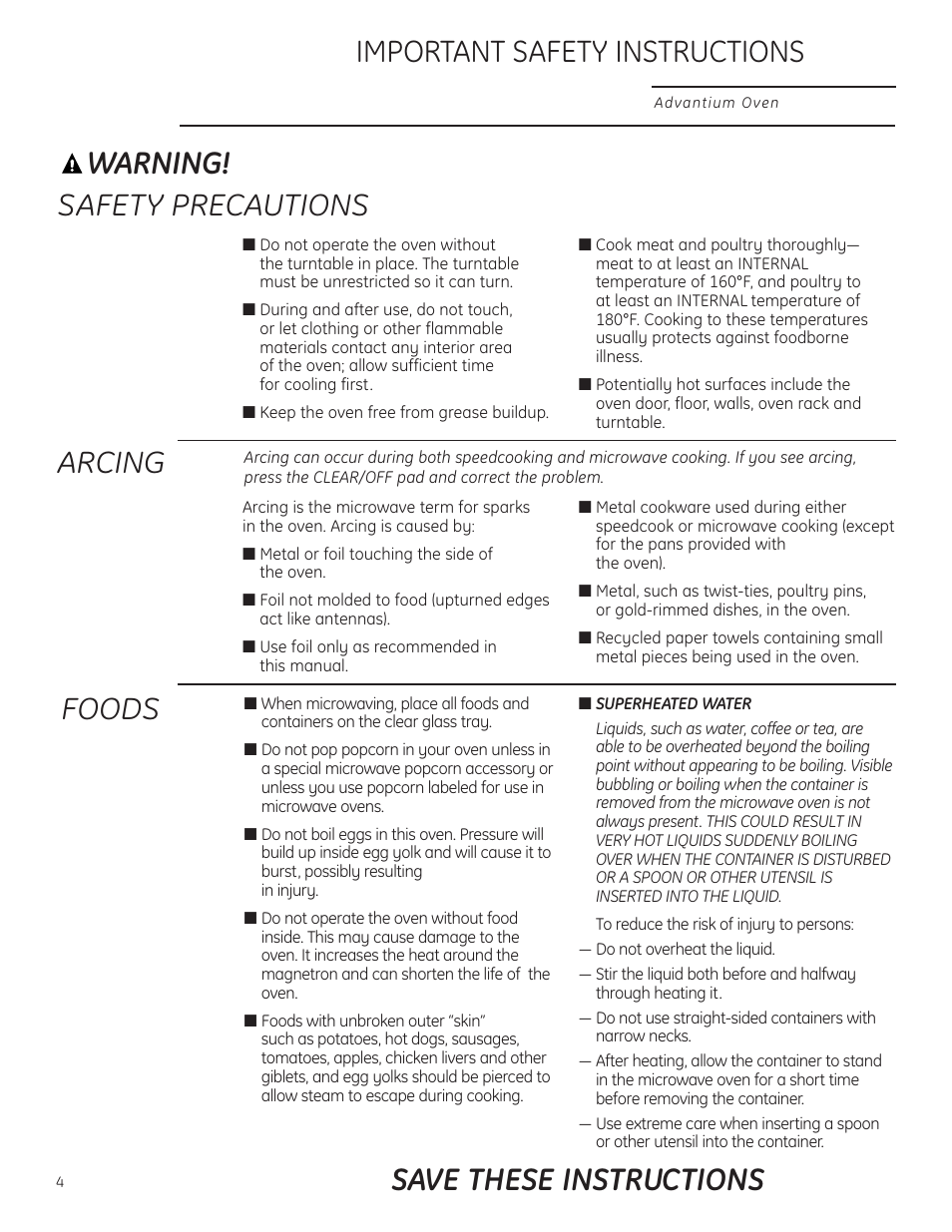 Warning, Safety precautions, Arcing | Important safety instructions, Foods save these instructions | GE ZSC1201NSS User Manual | Page 4 / 44