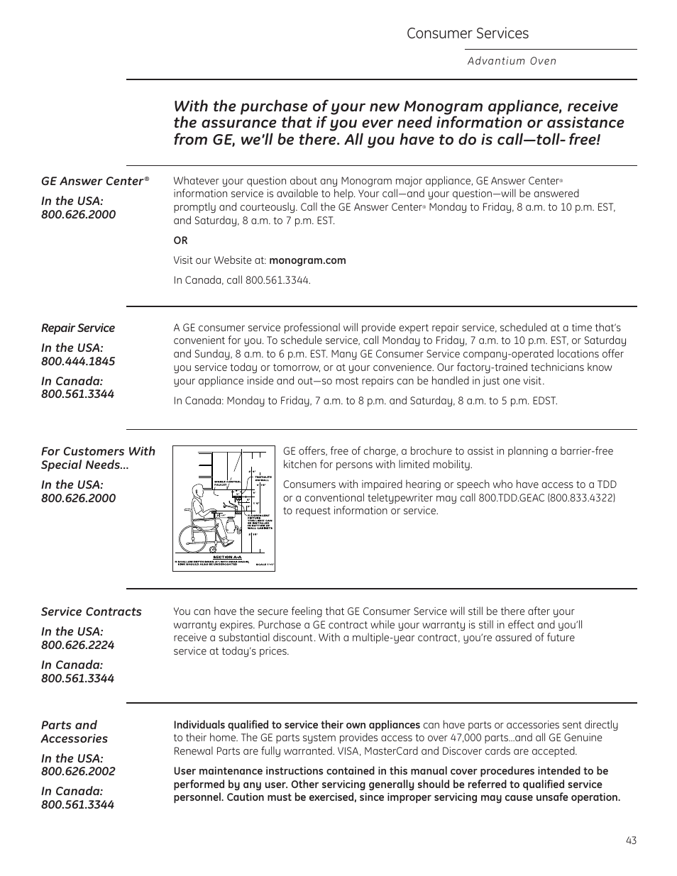 Service phone numbers, Consumer services | GE ZSC1201NSS User Manual | Page 43 / 44