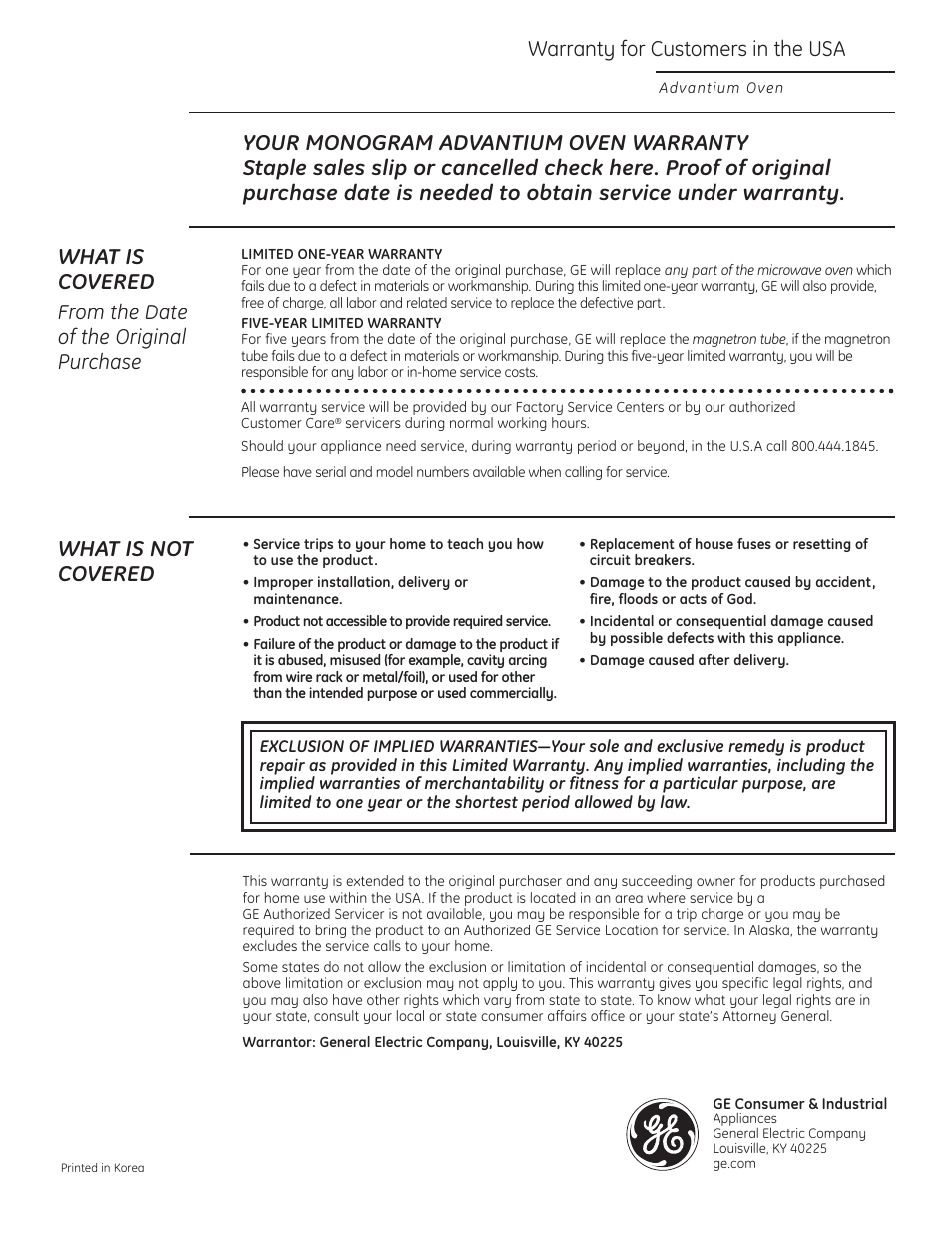 Warranty, Warranty for customers in the usa, What is not covered | GE ZSC1201NSS User Manual | Page 44 / 44