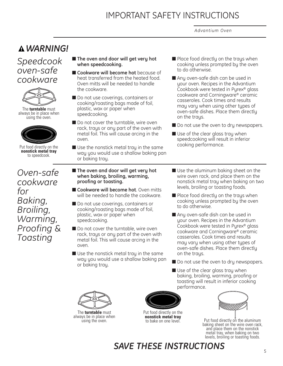 Speedcook-safe cookware, Warning, Speedcook oven-safe cookware | Important safety instructions, Save these instructions | GE ZSC1201NSS User Manual | Page 5 / 44