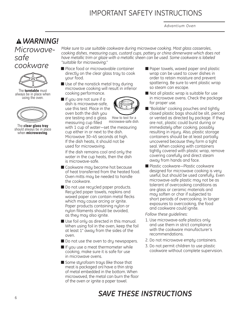 Microwave-safe cookware, Warning, Microwave- safe cookware | Important safety instructions, Save these instructions | GE ZSC1201NSS User Manual | Page 6 / 44