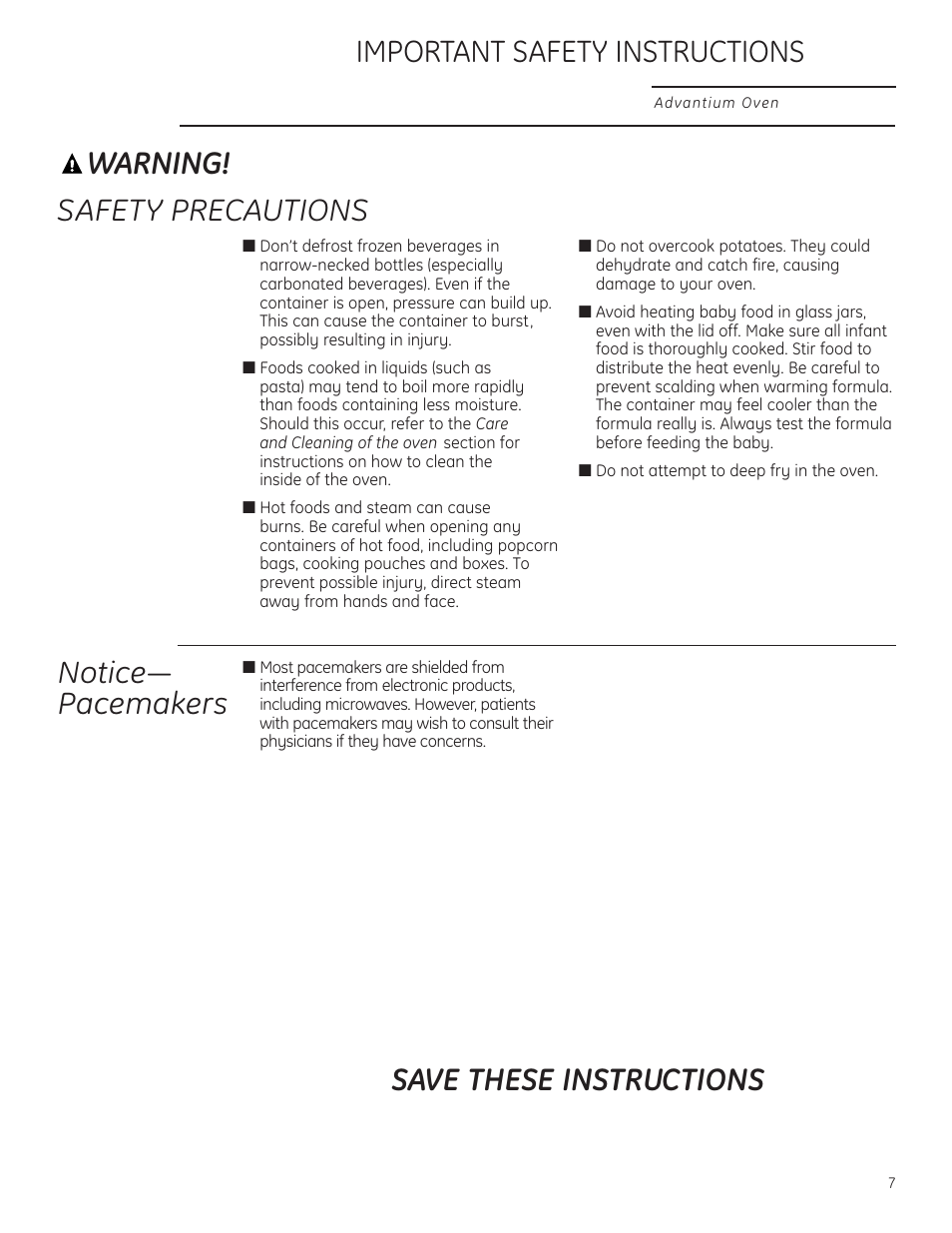 Warning, Safety precautions, Notice— pacemakers | GE ZSC1201NSS User Manual | Page 7 / 44