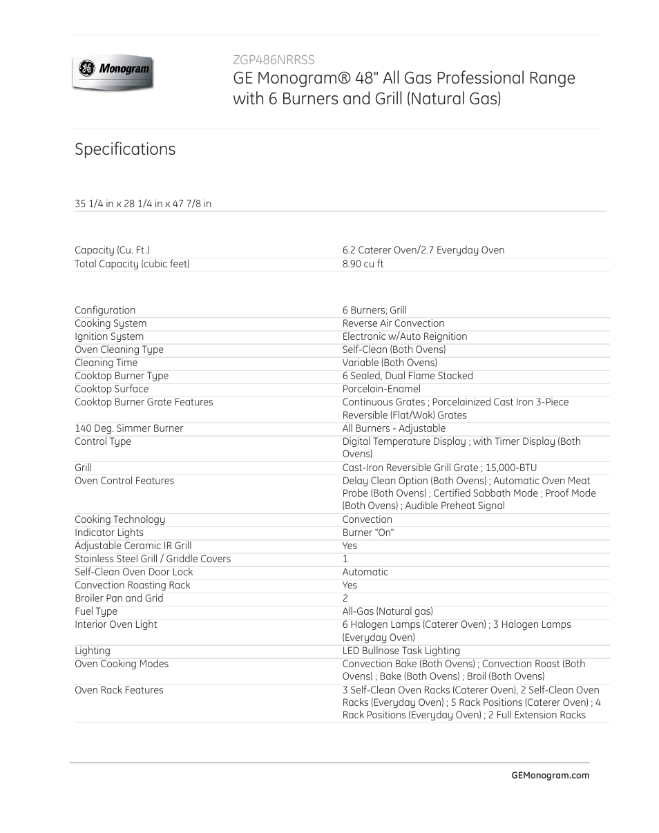Specifications, Zgp486nrrss | GE ZGP486NRRSS User Manual | Page 3 / 4