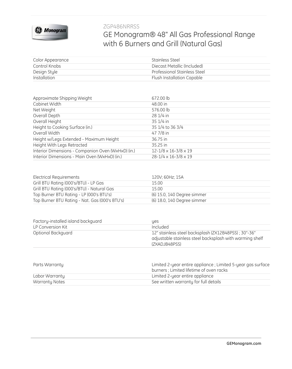 Zgp486nrrss | GE ZGP486NRRSS User Manual | Page 4 / 4