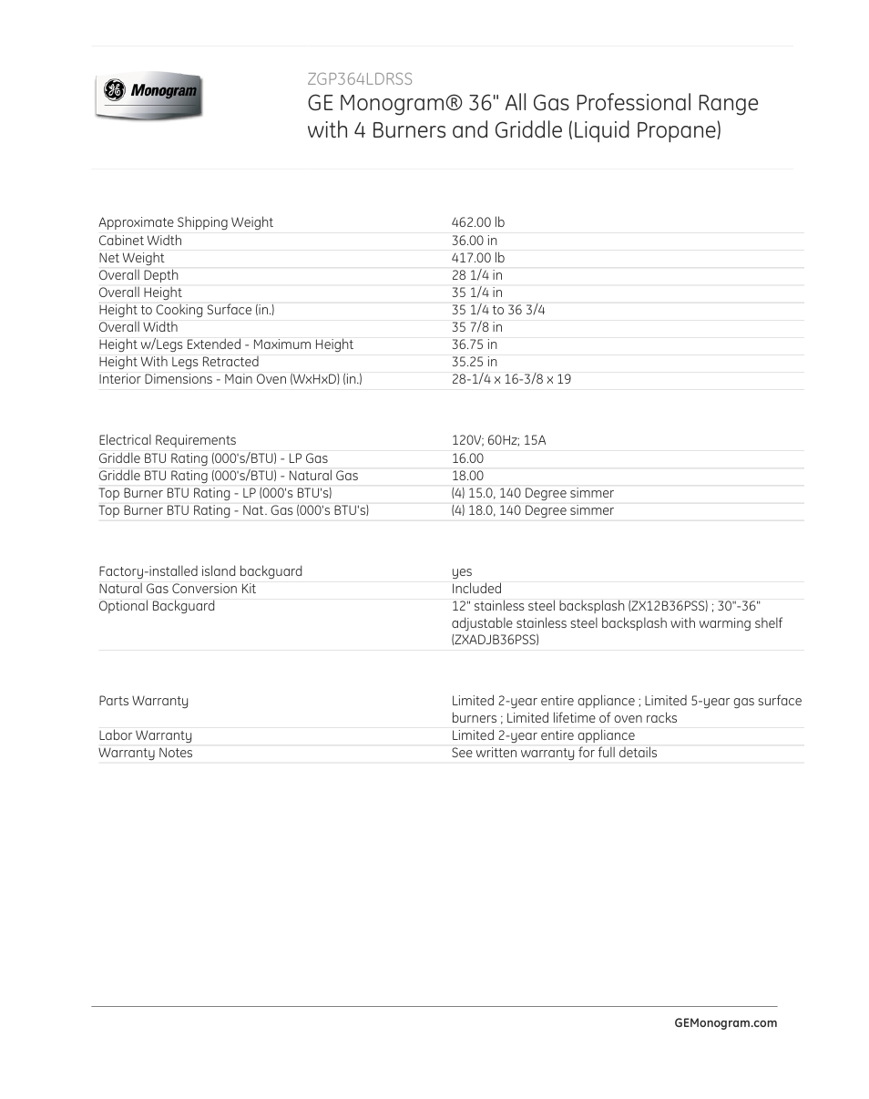 Zgp364ldrss | GE ZGP364LDRSS User Manual | Page 4 / 4