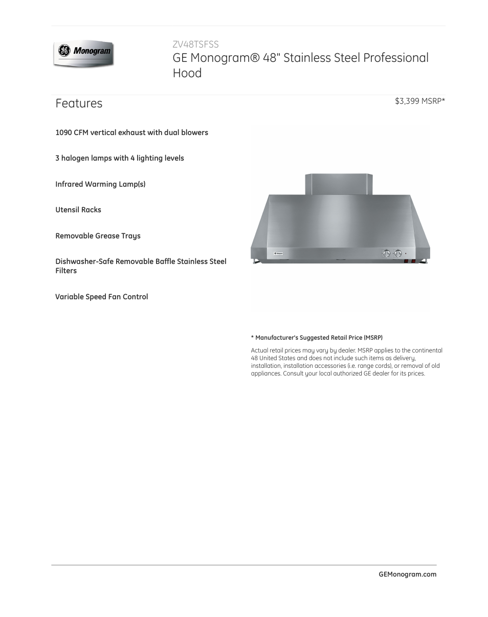 GE ZV48TSFSS User Manual | 3 pages