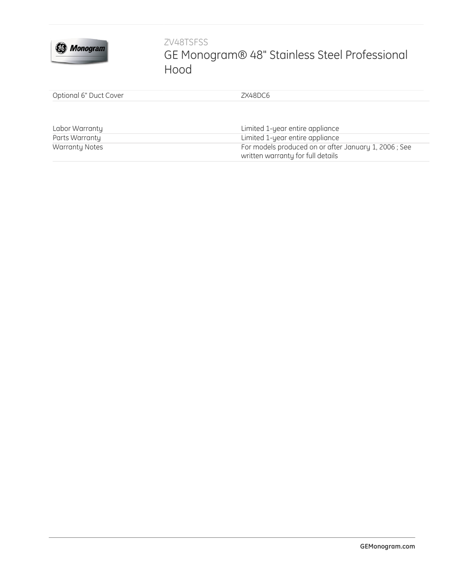 Ge monogram® 48" stainless steel professional hood | GE ZV48TSFSS User Manual | Page 3 / 3