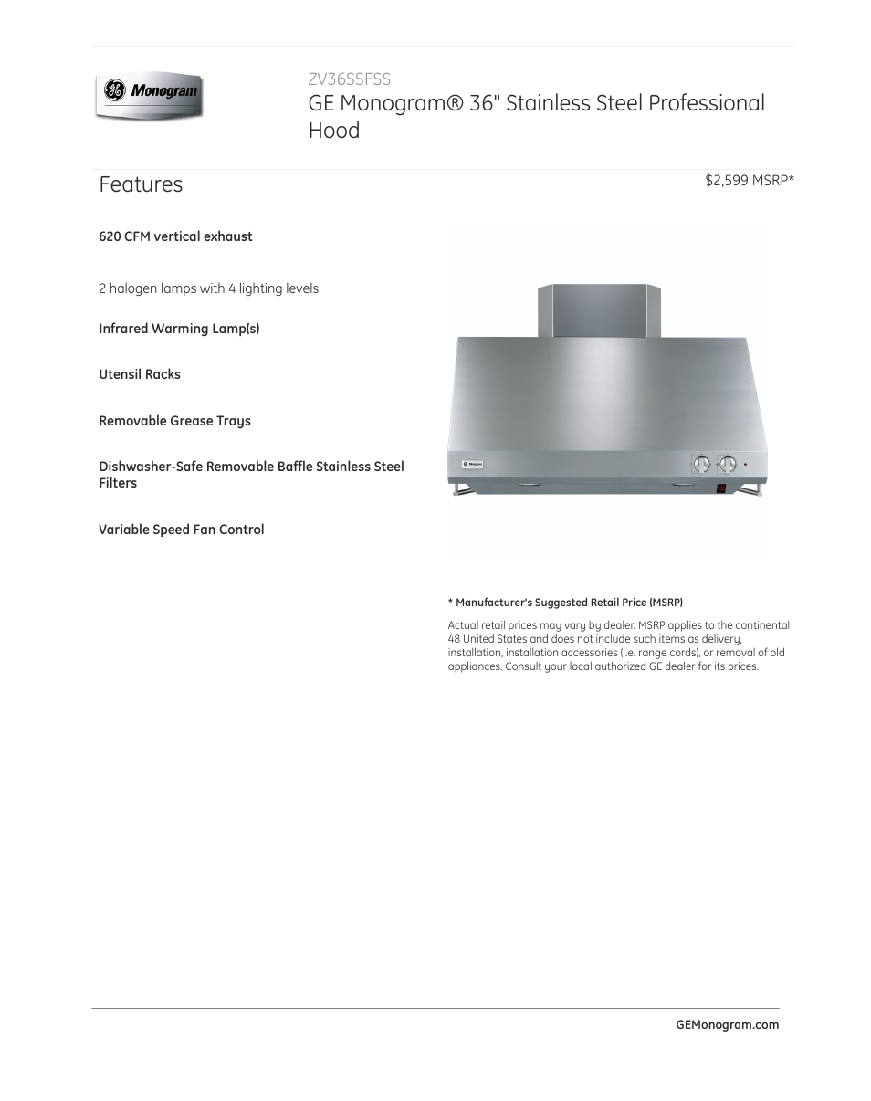 GE ZV36SSFSS User Manual | 3 pages