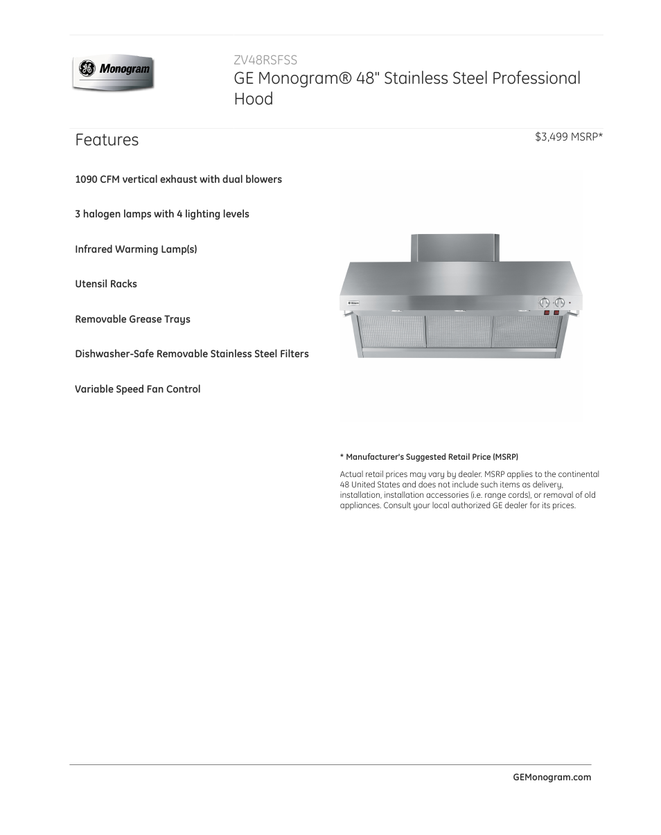 GE ZV48RSFSS User Manual | 3 pages