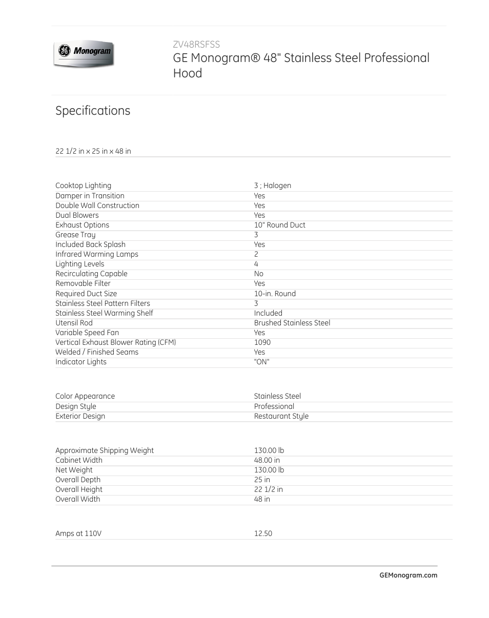 Ge monogram® 48" stainless steel professional hood, Specifications, Zv48rsfss | GE ZV48RSFSS User Manual | Page 2 / 3
