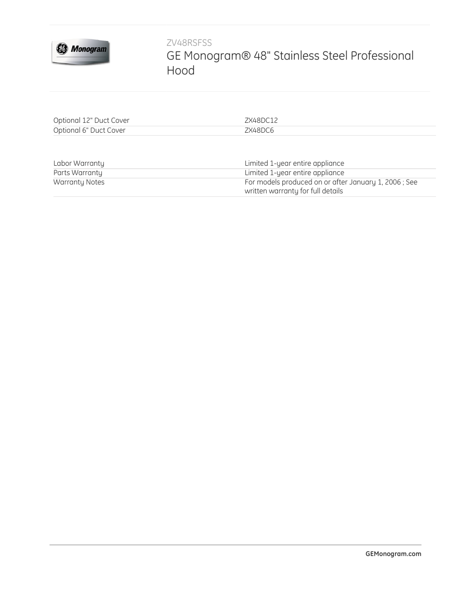 Ge monogram® 48" stainless steel professional hood | GE ZV48RSFSS User Manual | Page 3 / 3