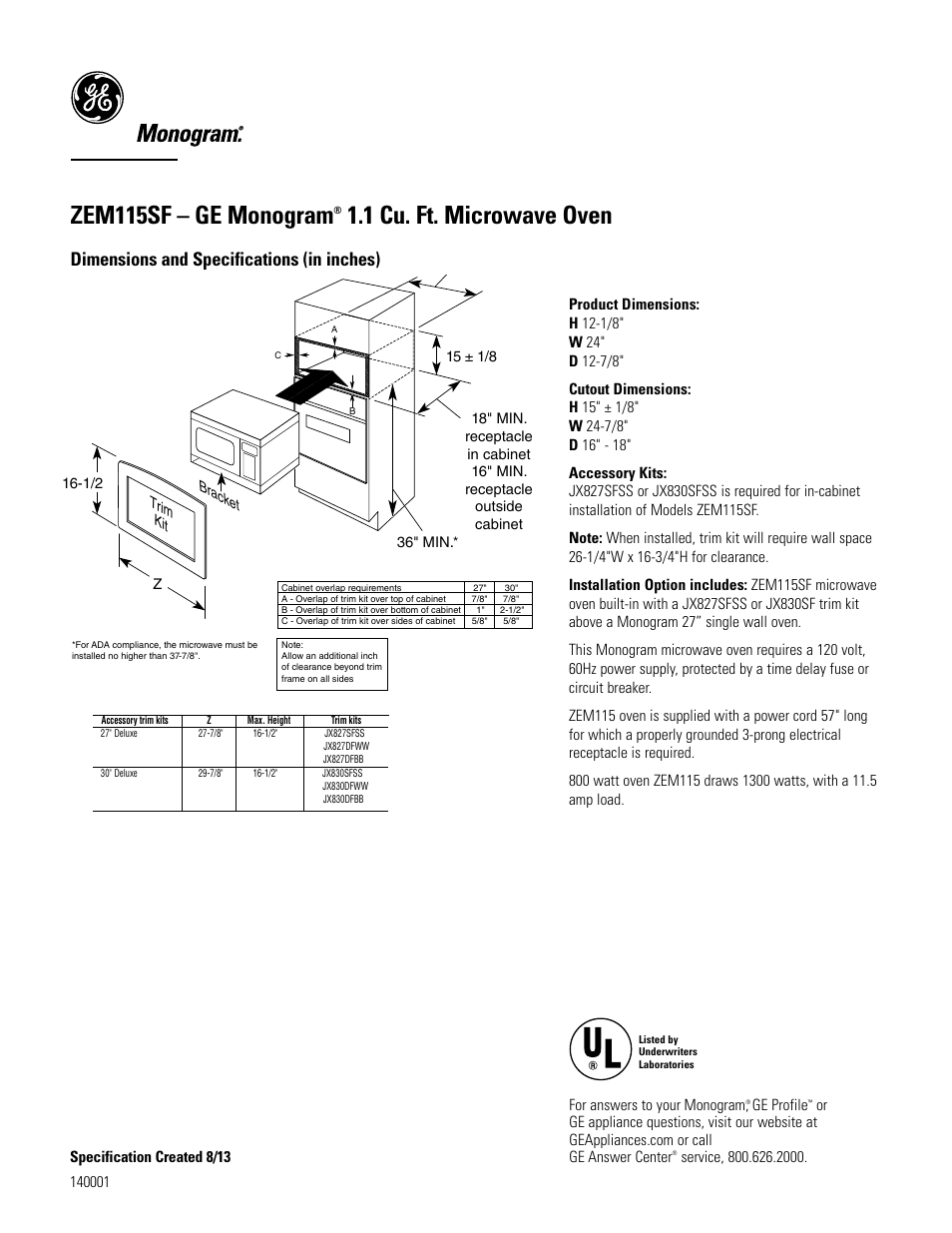 GE ZEM115SFSS User Manual | 2 pages