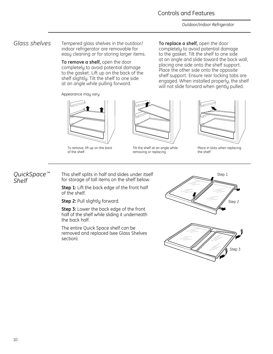 Glass shelves, Quickspace, Shelf | Controls and features | GE ZDOD240PLSS User Manual | Page 10 / 20