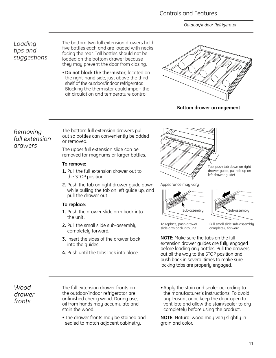 Loading tips and suggestions, Removing full extension drawers, Wood drawer fronts | Controls and features | GE ZDOD240PLSS User Manual | Page 11 / 20