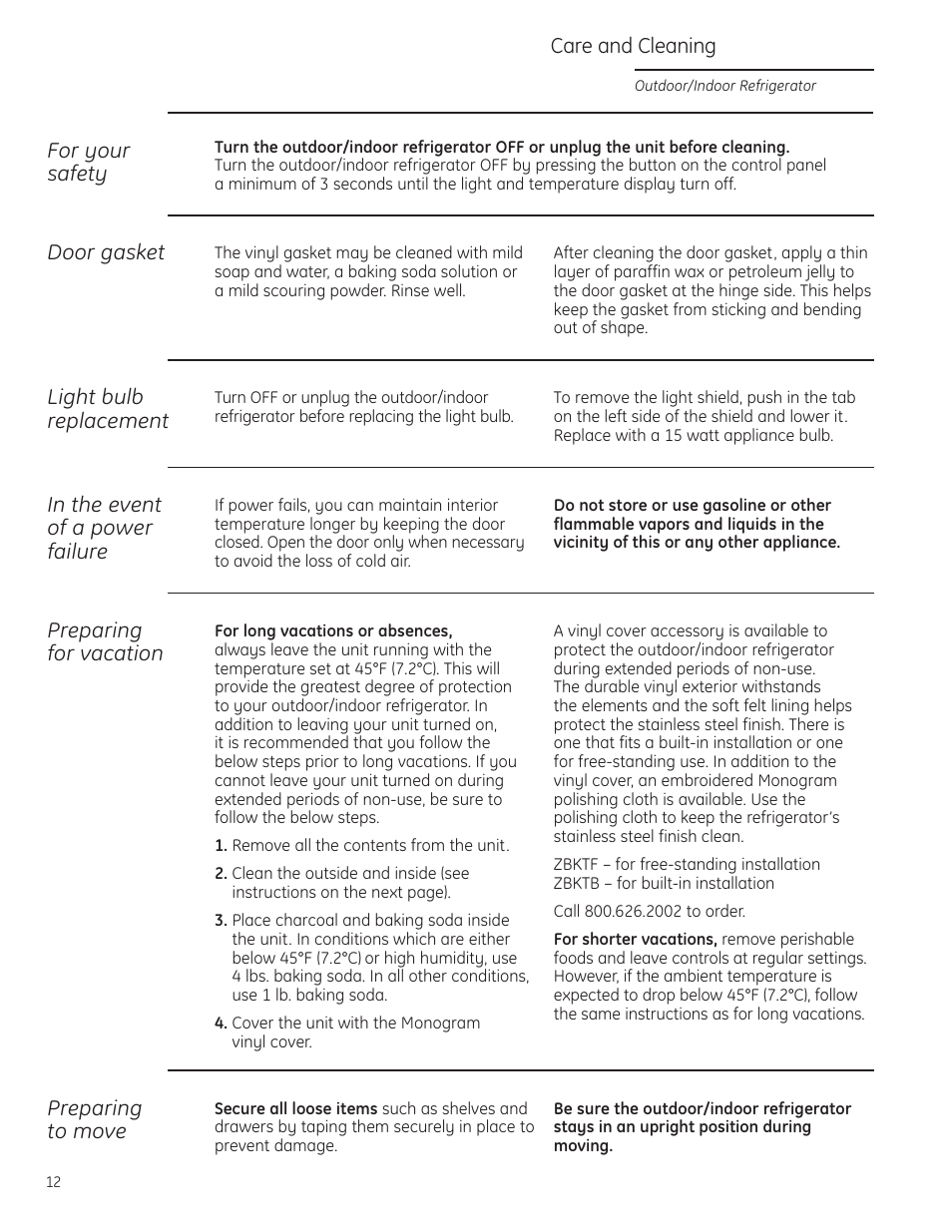 Care and cleaning, Care and cleaning , 13 | GE ZDOD240PLSS User Manual | Page 12 / 20
