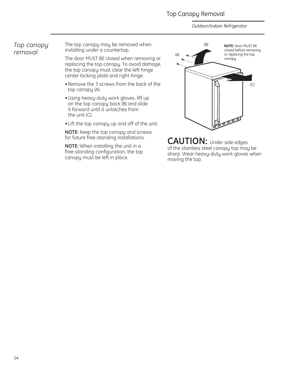 Top canopy removal, Caution | GE ZDOD240PLSS User Manual | Page 14 / 20