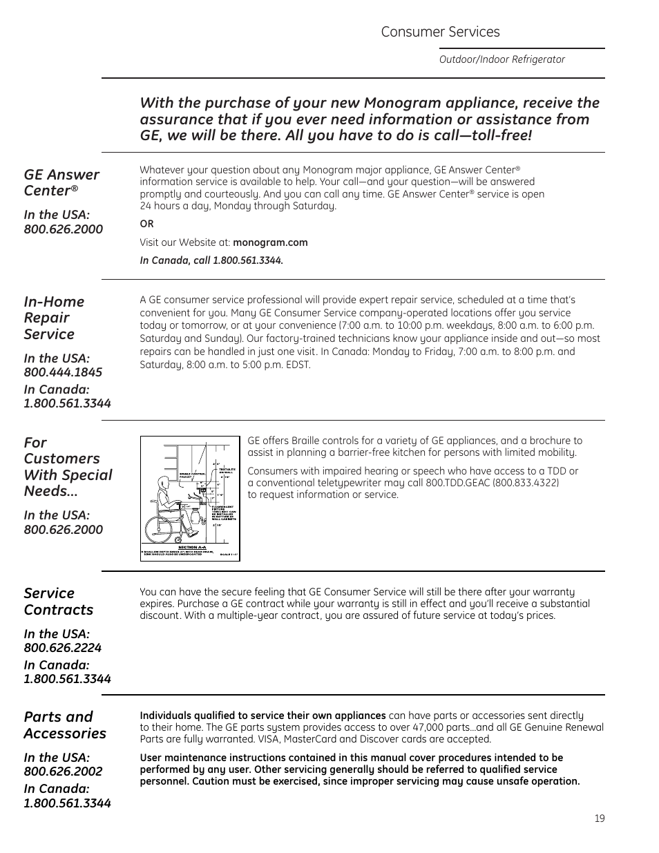 Consumer services, In-home repair service, For customers with special needs | Service contracts, Parts and accessories | GE ZDOD240PLSS User Manual | Page 19 / 20