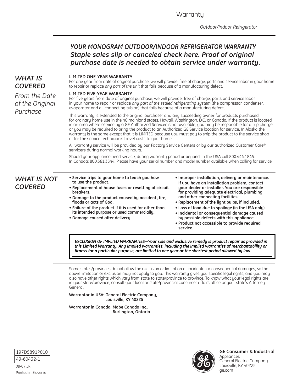 Warranty, What is not covered | GE ZDOD240PLSS User Manual | Page 20 / 20