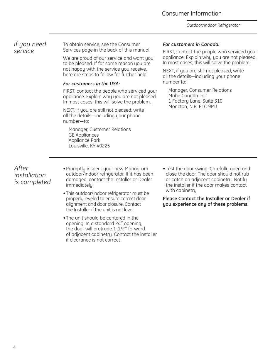 Repair service, Repair service , 19, If you need service | After installation is completed, Consumer information | GE ZDOD240PLSS User Manual | Page 4 / 20