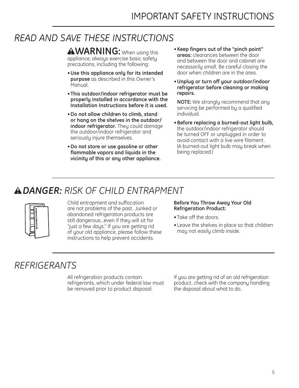Safety instructions, Safety instructions –8, Refrigerants | Warning, Danger: risk of child entrapment | GE ZDOD240PLSS User Manual | Page 5 / 20
