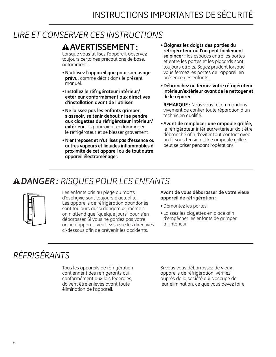 Danger : risques pour les enfants, Réfrigérants, Avertissement | GE ZDOD240PLSS User Manual | Page 6 / 20