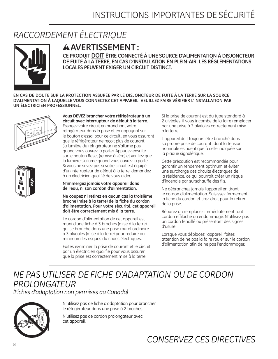 Raccordement électrique, Instructions importantes de sécurité, Avertissement | GE ZDOD240PLSS User Manual | Page 8 / 20