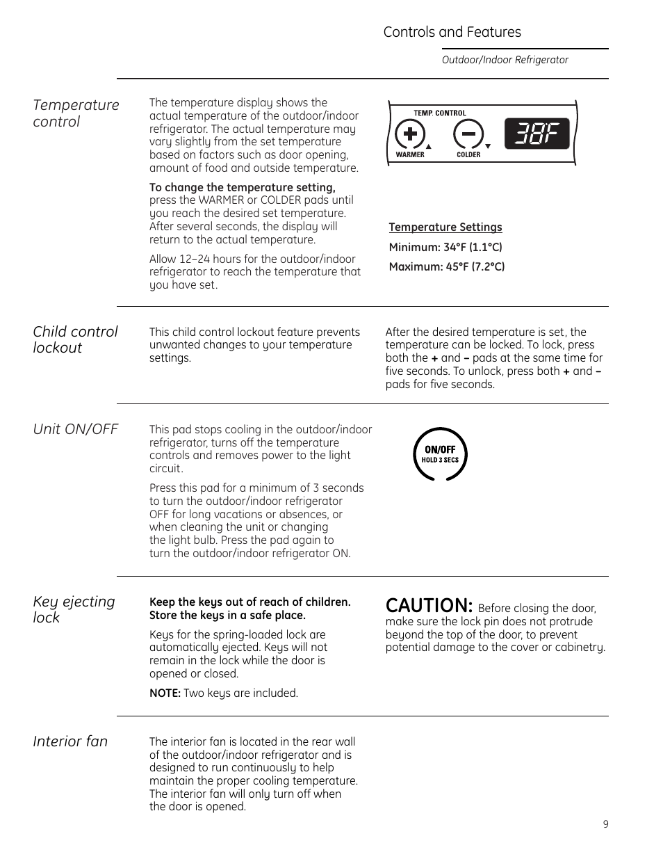 Controls and features, Controls and features –11, Caution | GE ZDOD240PLSS User Manual | Page 9 / 20