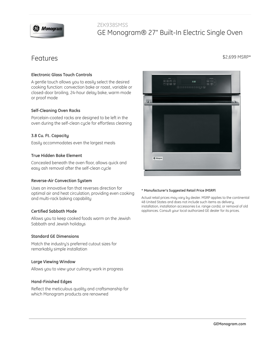 GE ZEK938SMSS User Manual | 4 pages