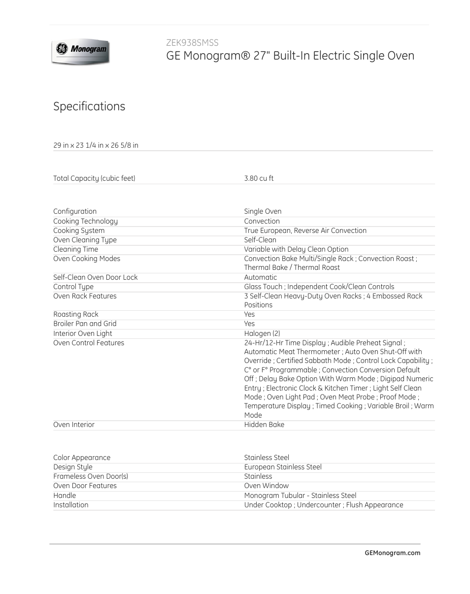 Ge monogram® 27" built-in electric single oven, Specifications, Zek938smss | GE ZEK938SMSS User Manual | Page 3 / 4